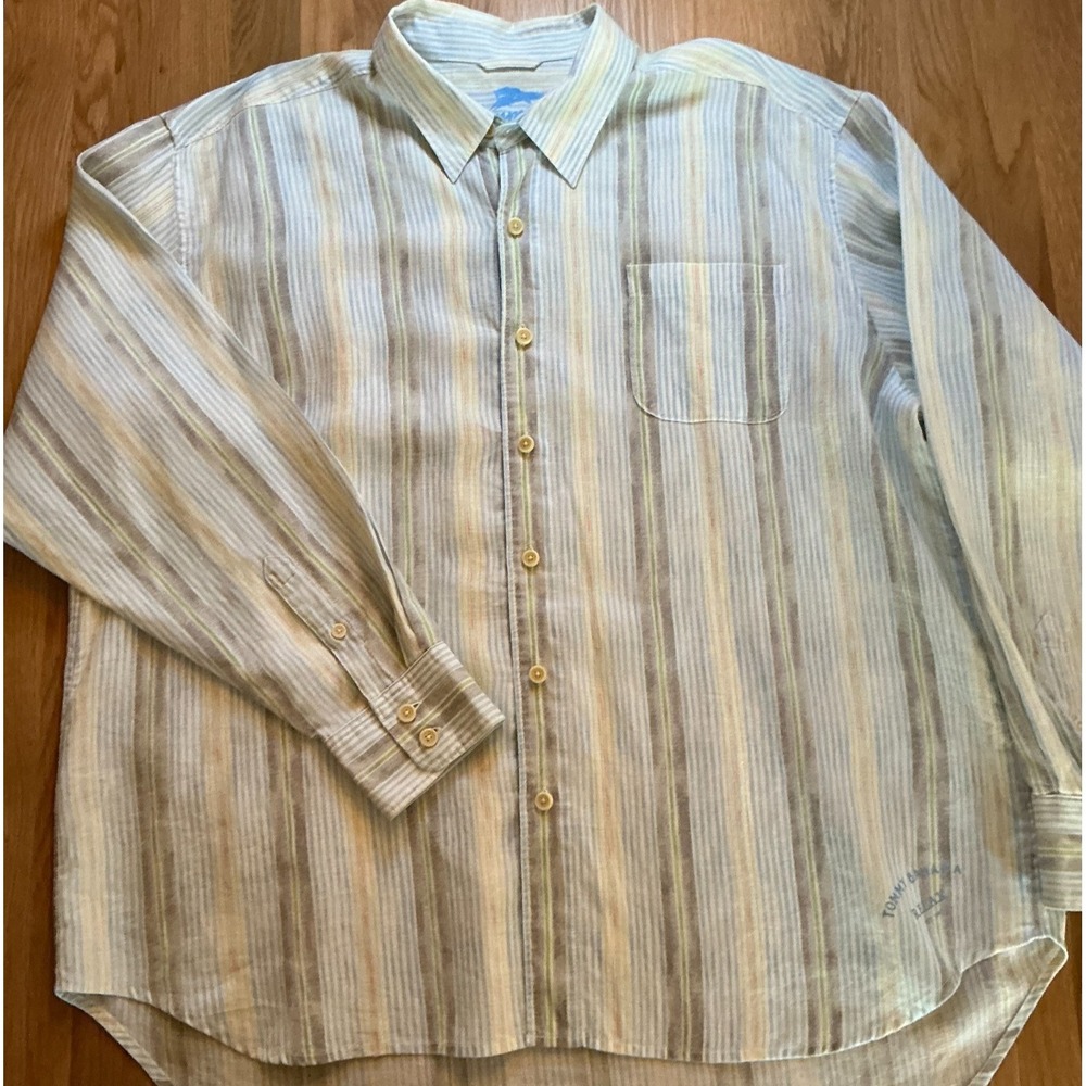 Tommy Bahama Relax XXL 100% Linen Striped Button Down Shirt Beige White